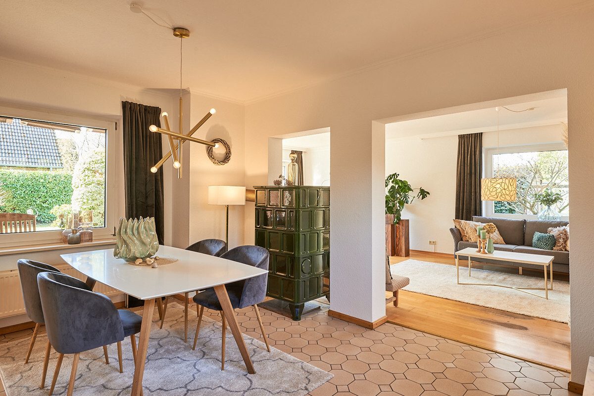 Dining area with a view into the living room