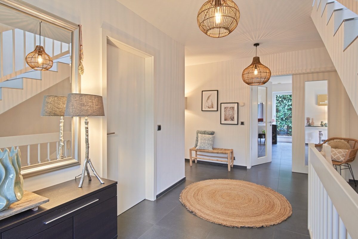 Bright hallway with pendant lights